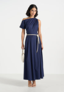 Yara - Asym Tie-Waist Cotton Midi Dress - Navy
