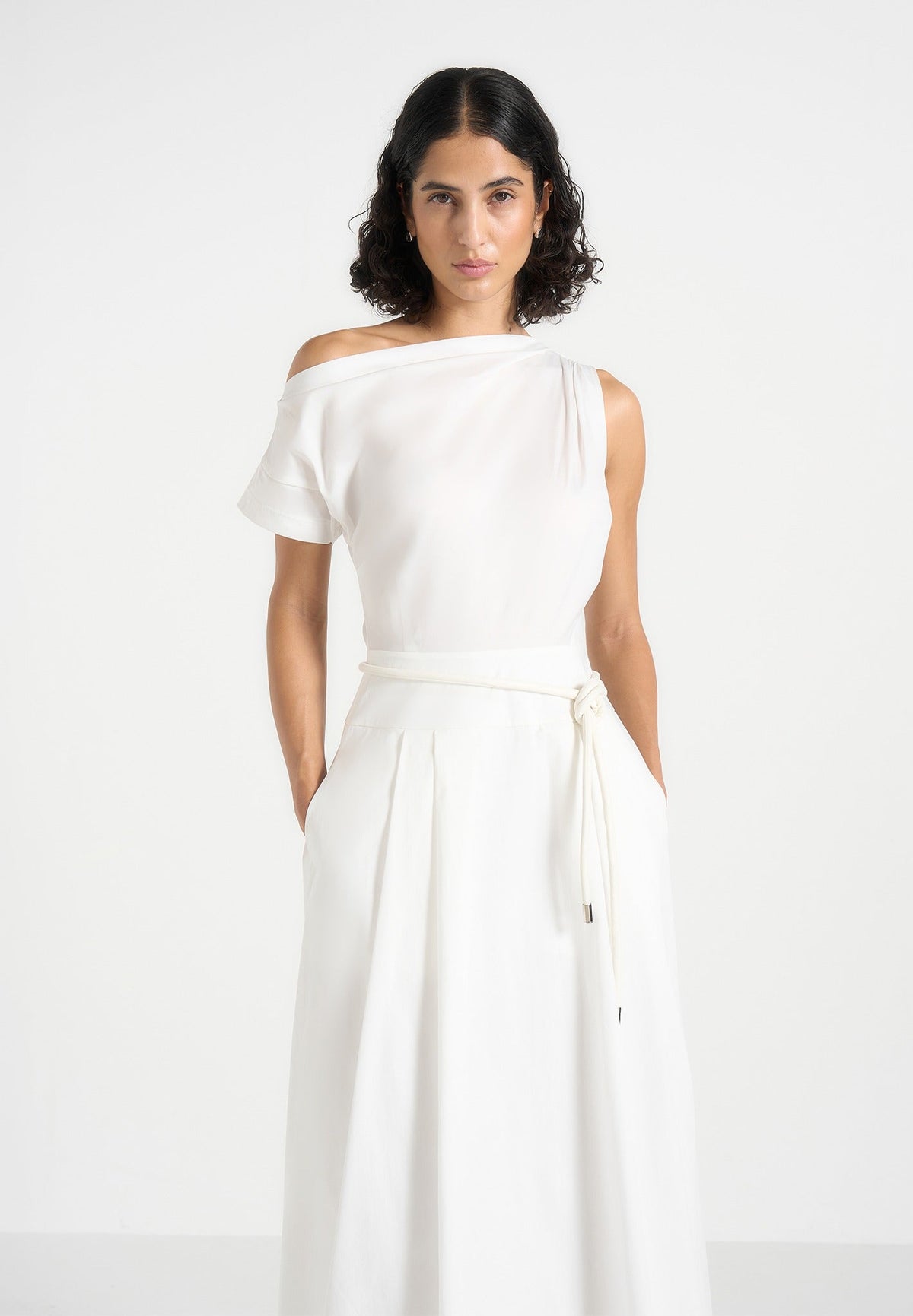 Yara - Asym Tie-Waist Cotton Midi Dress - White