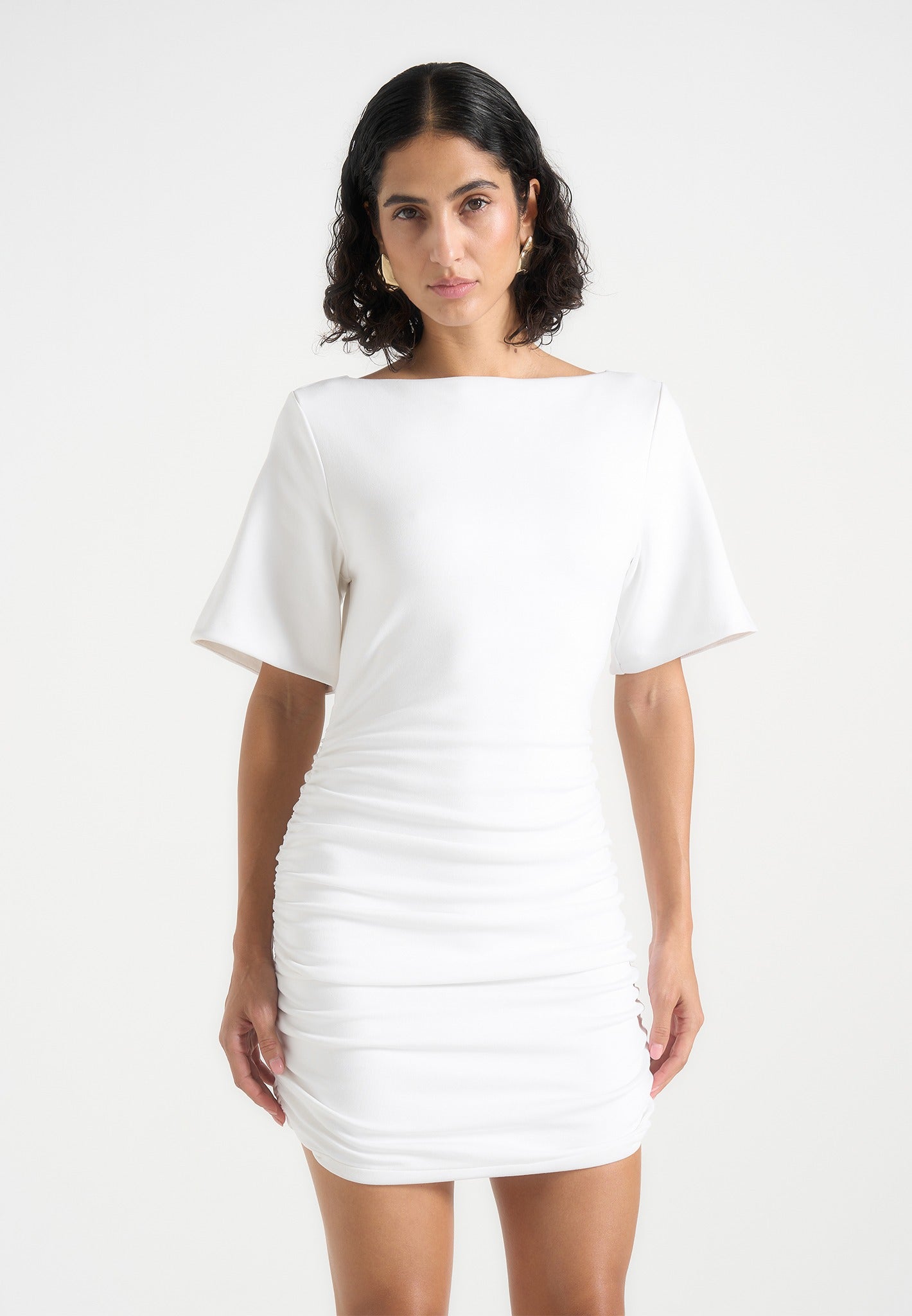 Summer - Ruched Open-Back Cotton T-Shirt Mini Dress - White