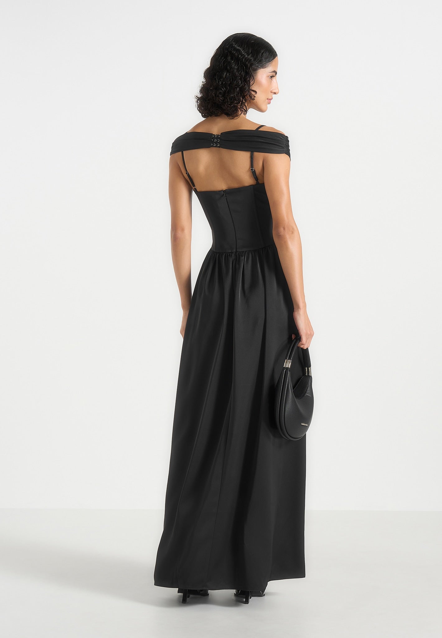 Sia - Off-Shoulder Satin Corset Maxi Dress - Black