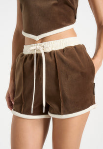 Delina - Contrast Velour Mini Shorts - Brown