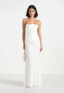 Corina - Satin Corset Cowl Lace Maxi Dress - White