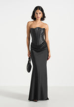 Corina - Leather Corset Cowl Satin Maxi Dress - Black