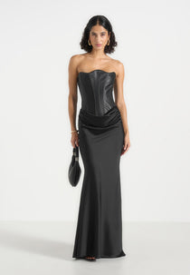 Corina - Leather Corset Cowl Satin Maxi Dress - Black