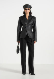 Ina - Leather Cinched Waist Kimono Blazer - Black
