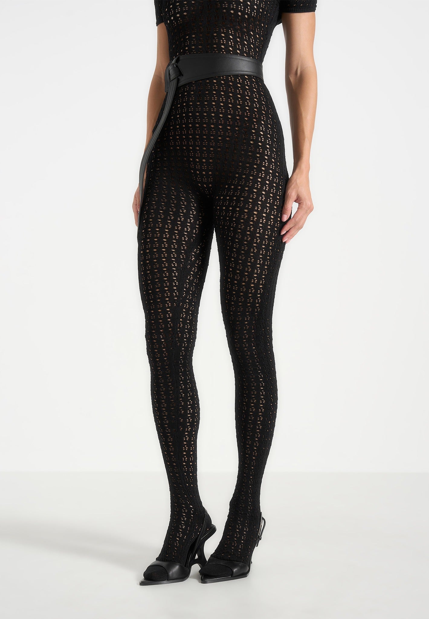 Martine - Pointelle Knit Bardot Jumpsuit with Belt - Black