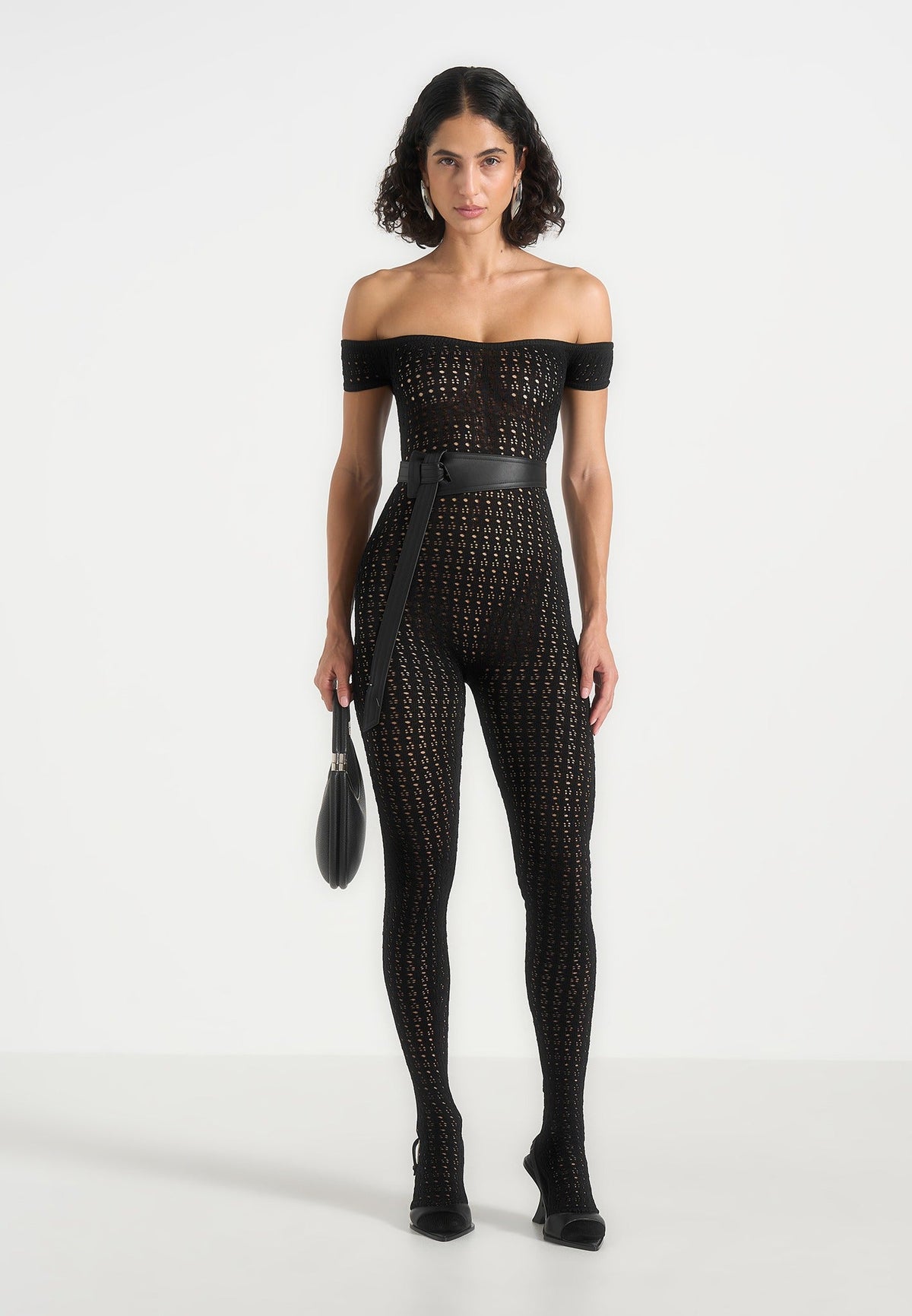 Martine - Pointelle Knit Bardot Jumpsuit with Belt - Black