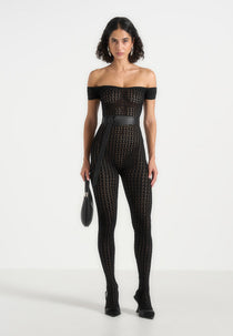 Martine - Pointelle Knit Bardot Jumpsuit with Belt - Black
