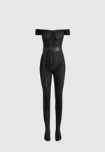 Martine - Pointelle Knit Bardot Jumpsuit with Belt - Black