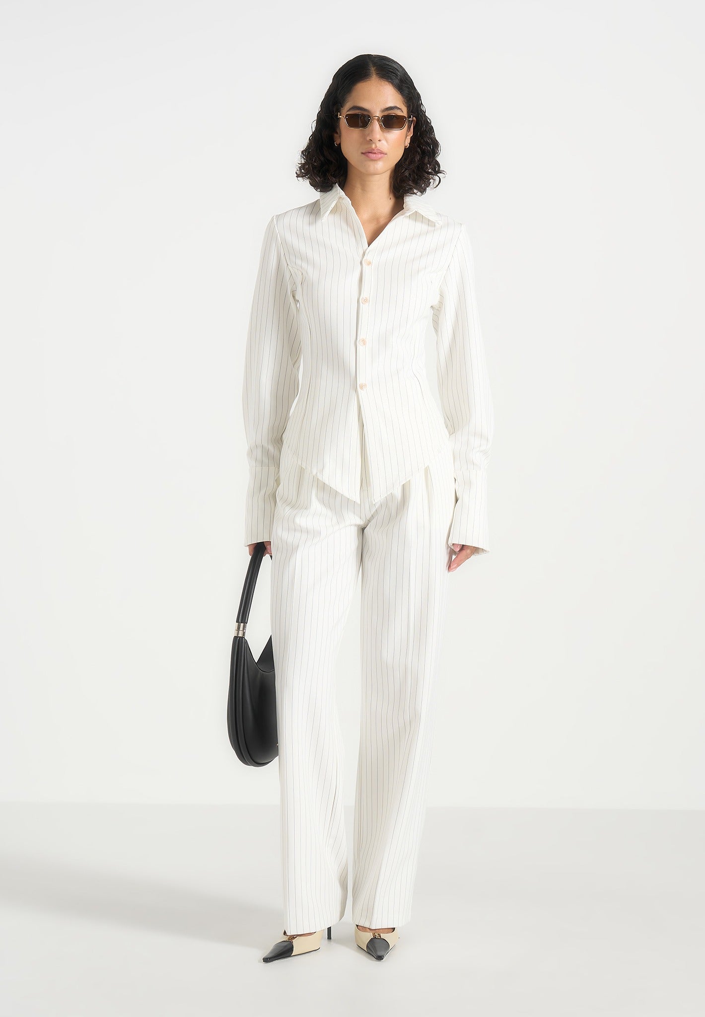 Julie - Pinstripe Twin Pleat Tailored Pants - White