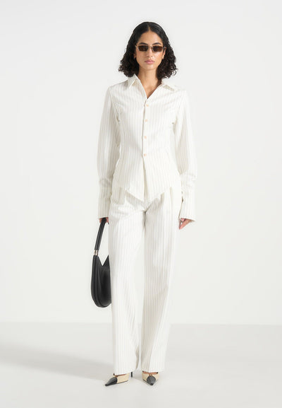 Julie - Pinstripe Twin Pleat Tailored Pants - White