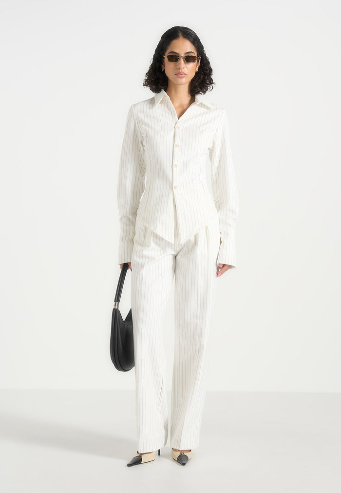 Julie - Pinstripe Twin Pleat Tailored Pants - White