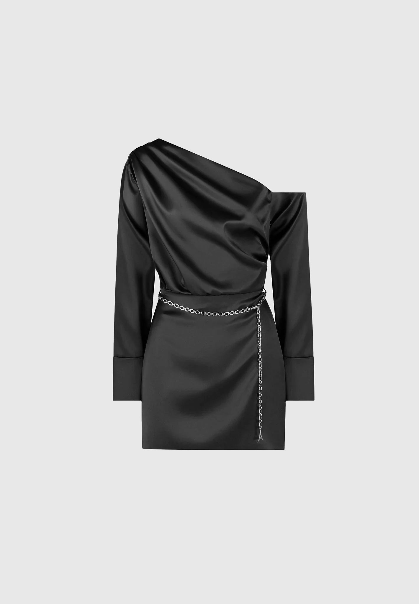 Off Shoulder Draped Satin Mini Dress with Belt - Black