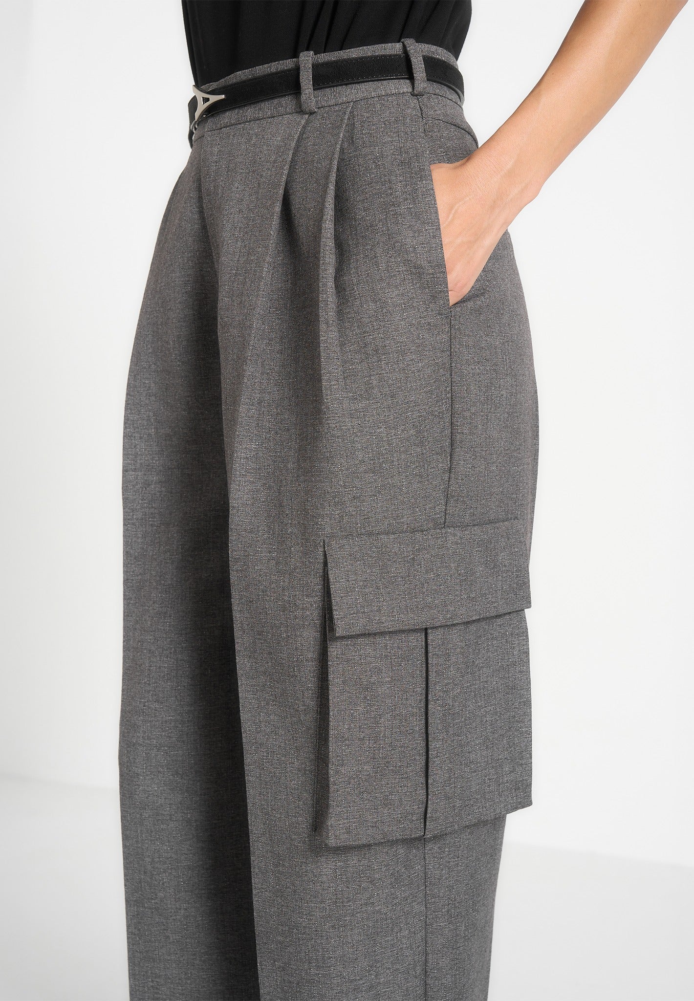 Danielle - Tailored Pleated Cargo Pants - Grey Marl