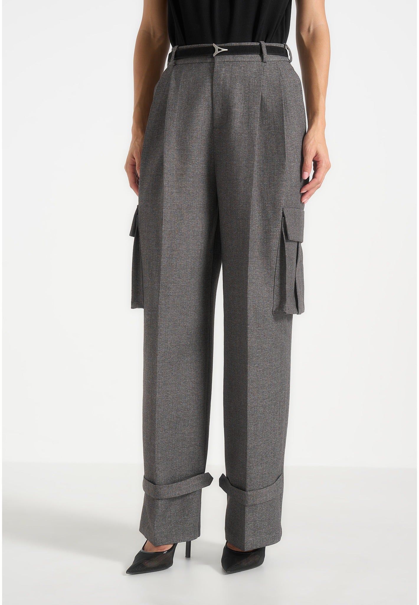 Danielle - Tailored Pleated Cargo Pants - Grey Marl