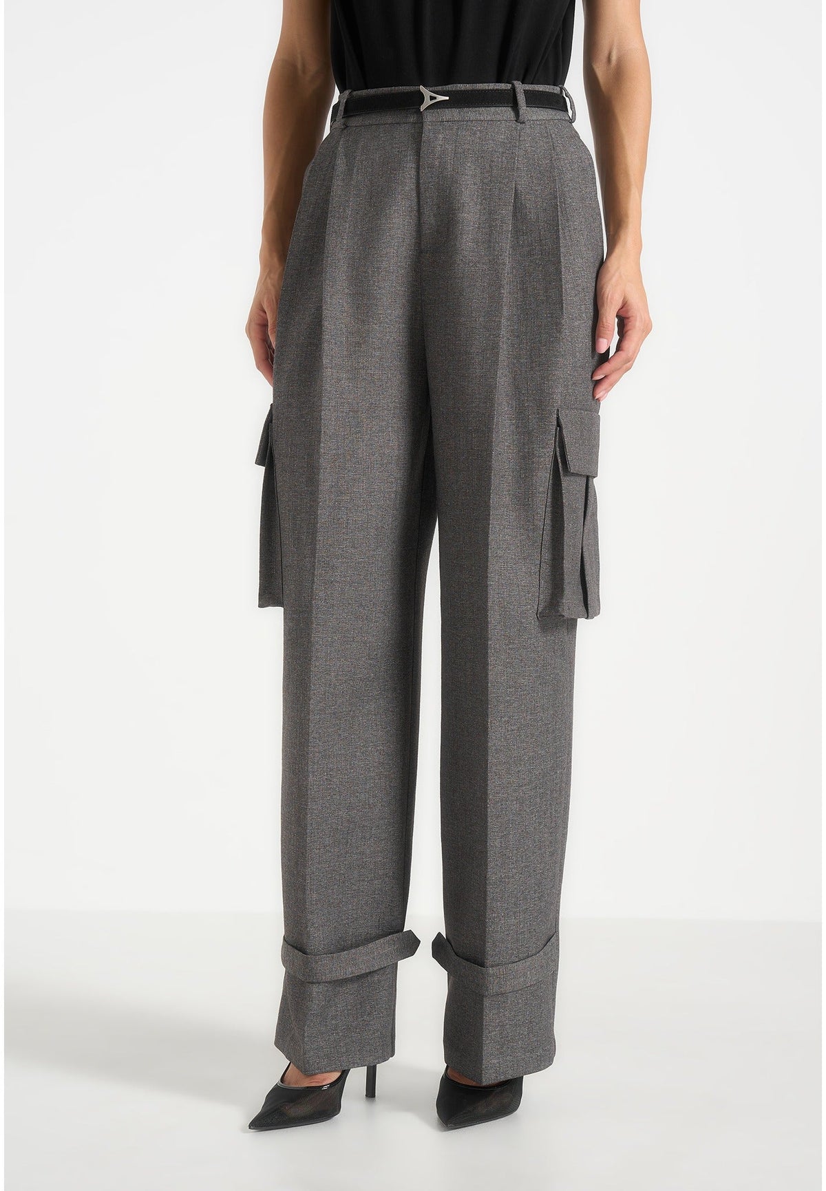 Danielle - Tailored Pleated Cargo Pants - Grey Marl