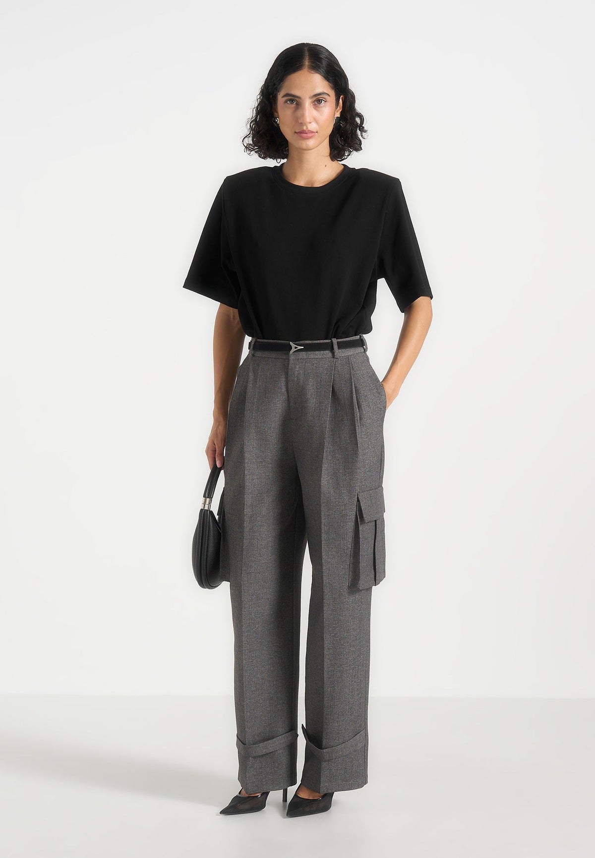 Danielle - Tailored Pleated Cargo Pants - Grey Marl