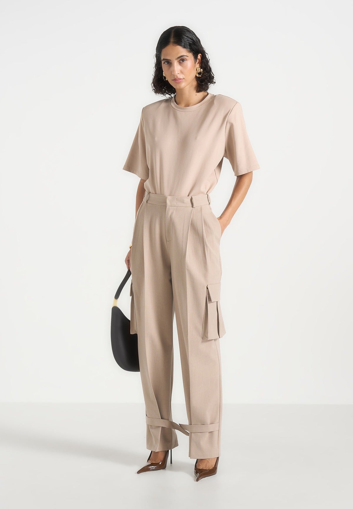 Danielle - Tailored Pleated Cargo Pants - Beige