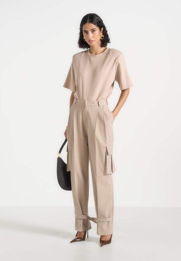 Danielle - Tailored Pleated Cargo Pants - Beige