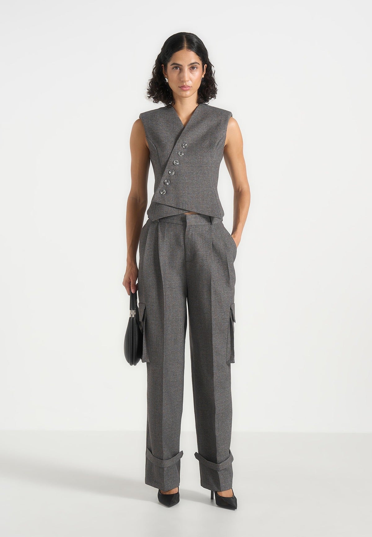 Laurence - Tailored Asym Wrap Waistcoat - Grey Marl