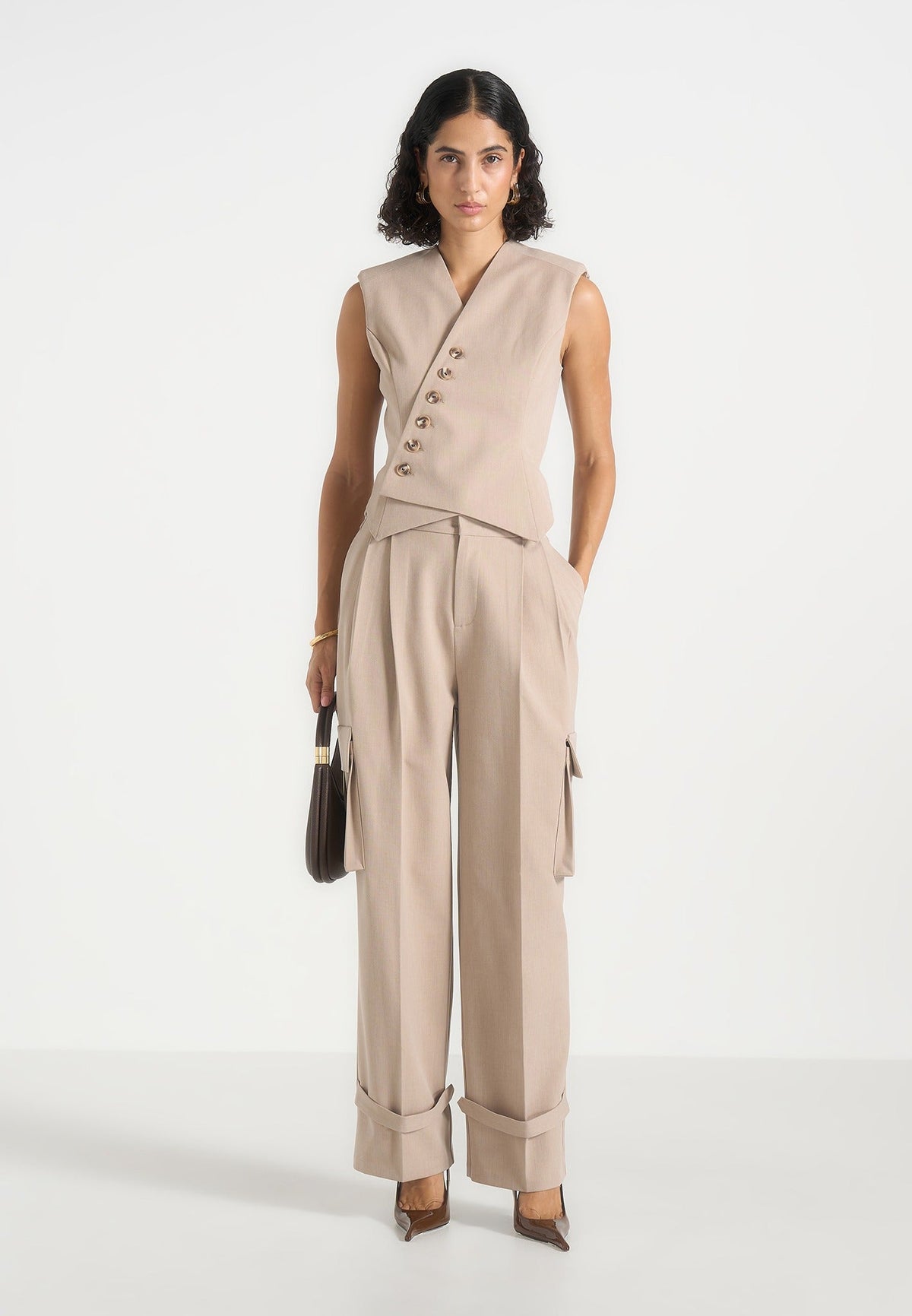 Laurence - Tailored Asym Wrap Waistcoat - Beige