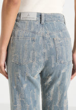 Posie - Distressed High Rise Straight Leg Jeans - Mid Blue