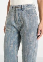 Posie - Distressed High Rise Straight Leg Jeans - Mid Blue