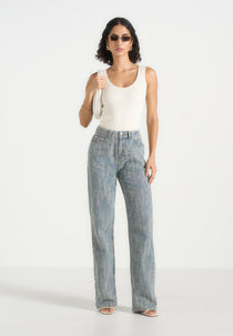 Posie - Distressed High Rise Straight Leg Jeans - Mid Blue