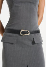 Tabitha - Tailored Pinstripe Bandeau Belted Maxi Dress - Grey