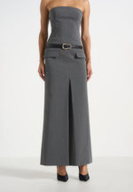 Tabitha - Tailored Pinstripe Bandeau Belted Maxi Dress - Grey