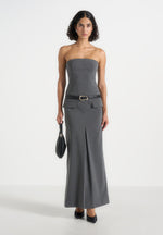 Tabitha - Tailored Pinstripe Bandeau Belted Maxi Dress - Grey