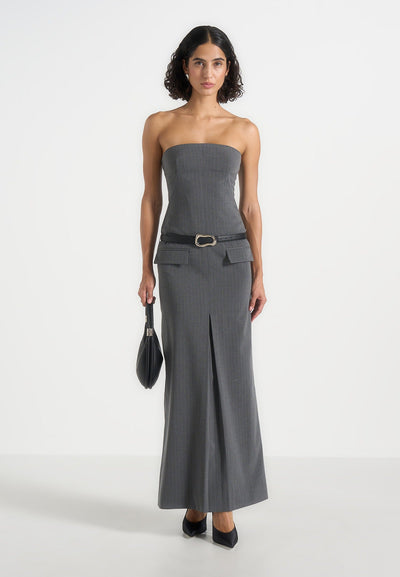 Tabitha - Tailored Pinstripe Bandeau Belted Maxi Dress - Grey
