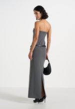 Tabitha - Tailored Pinstripe Bandeau Belted Maxi Dress - Grey