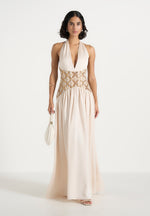 Ava - Halterneck Embellished Corset Gathered Maxi Dress - Cream