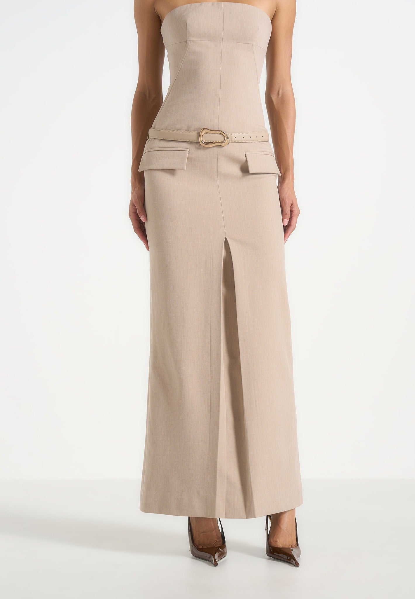 Tabitha - Tailored Bandeau Belted Maxi Dress - Taupe