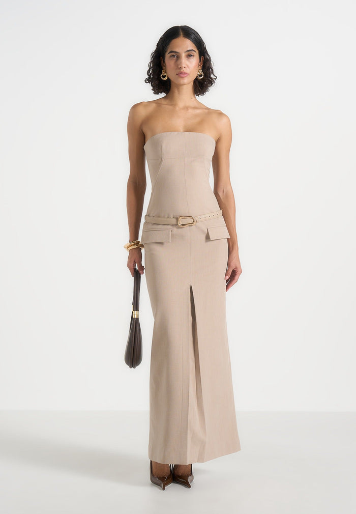 Tabitha - Tailored Bandeau Belted Maxi Dress - Taupe