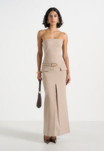 Tabitha - Tailored Bandeau Belted Maxi Dress - Taupe