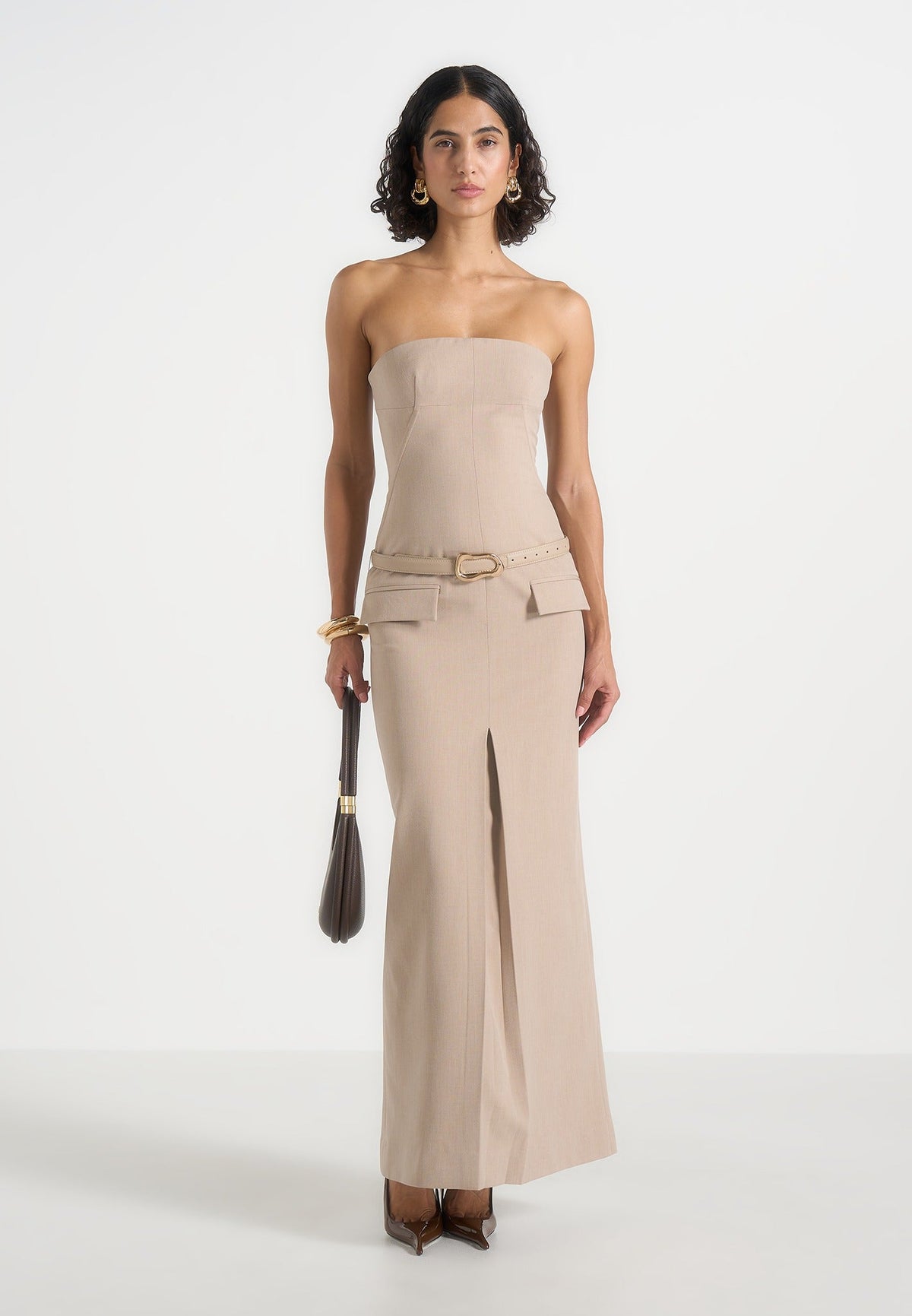 Tabitha - Tailored Bandeau Belted Maxi Dress - Taupe