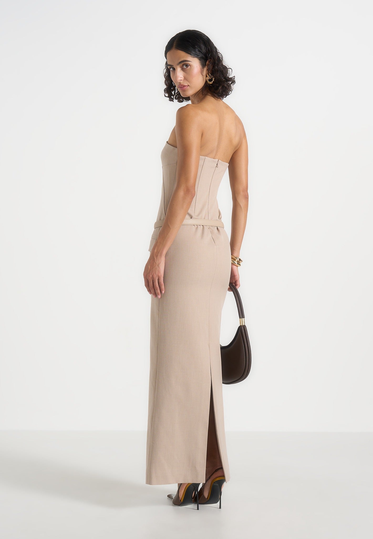 Tabitha - Tailored Bandeau Belted Maxi Dress - Taupe