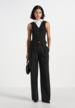 Irene - Collar Detail Cinched Waistcoat - Black/White
