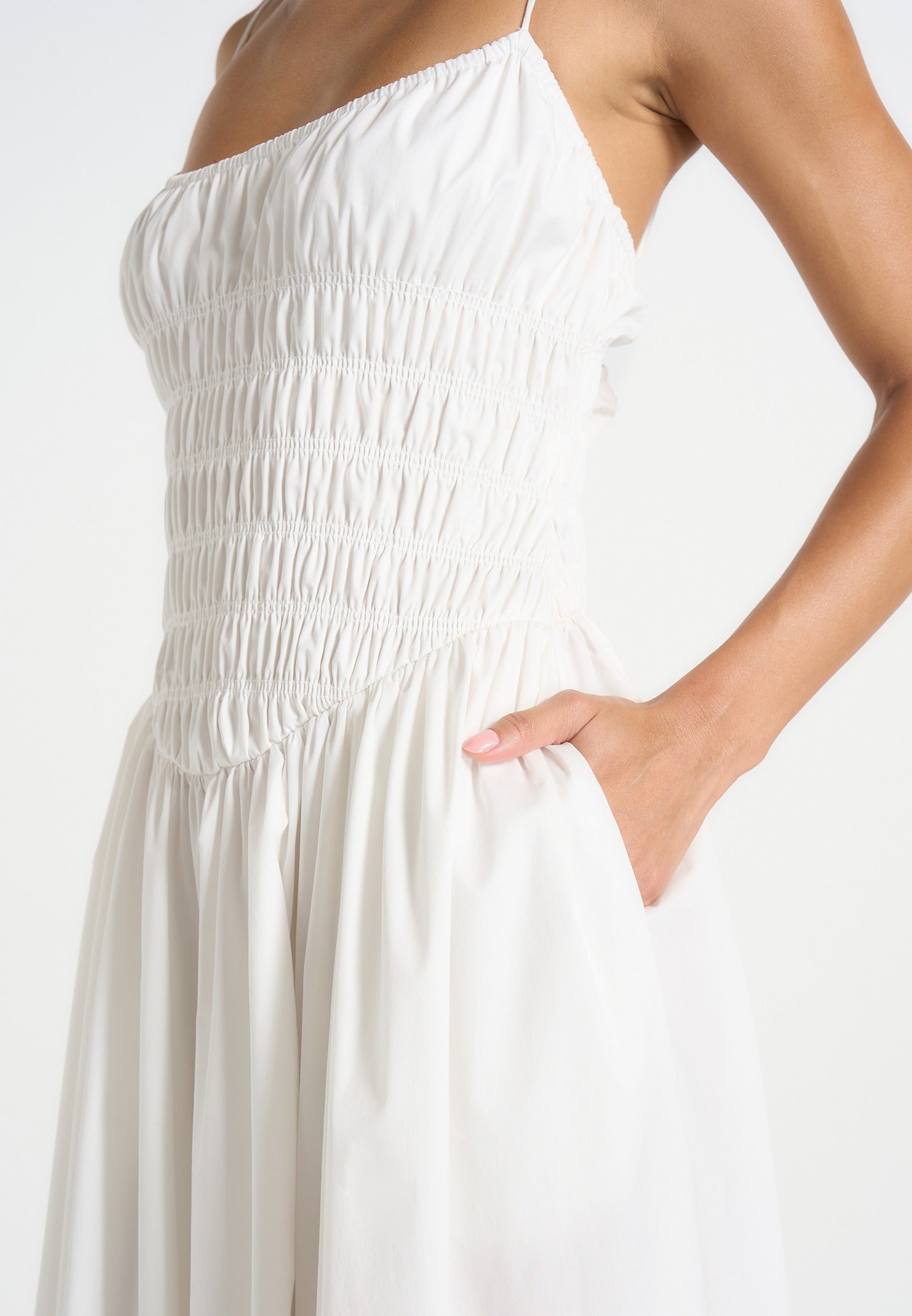 Elva - Smocked Waist Cotton Maxi Dress - White