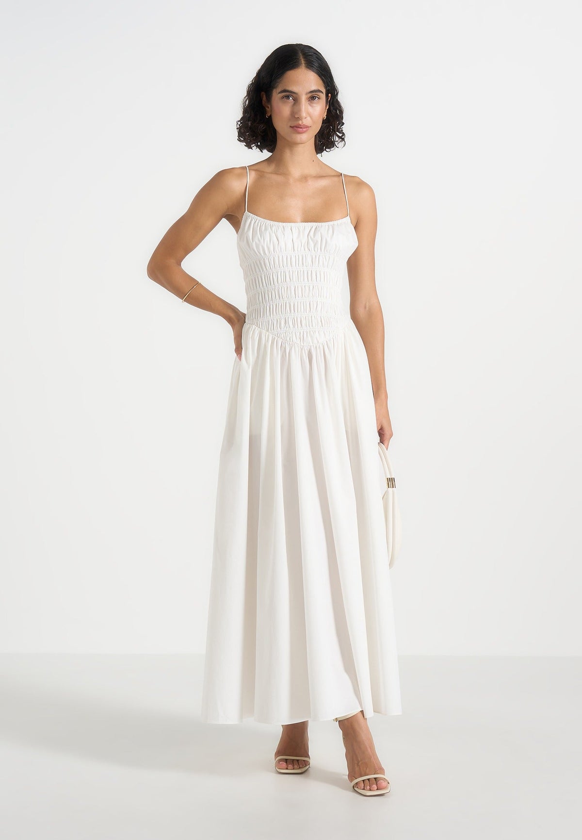 Elva - Smocked Waist Cotton Maxi Dress - White