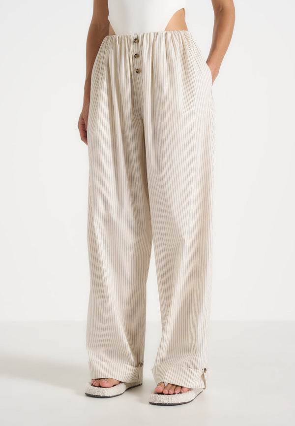 Ivanna - Elasticated Wide Leg Striped Cotton Trousers - Cream