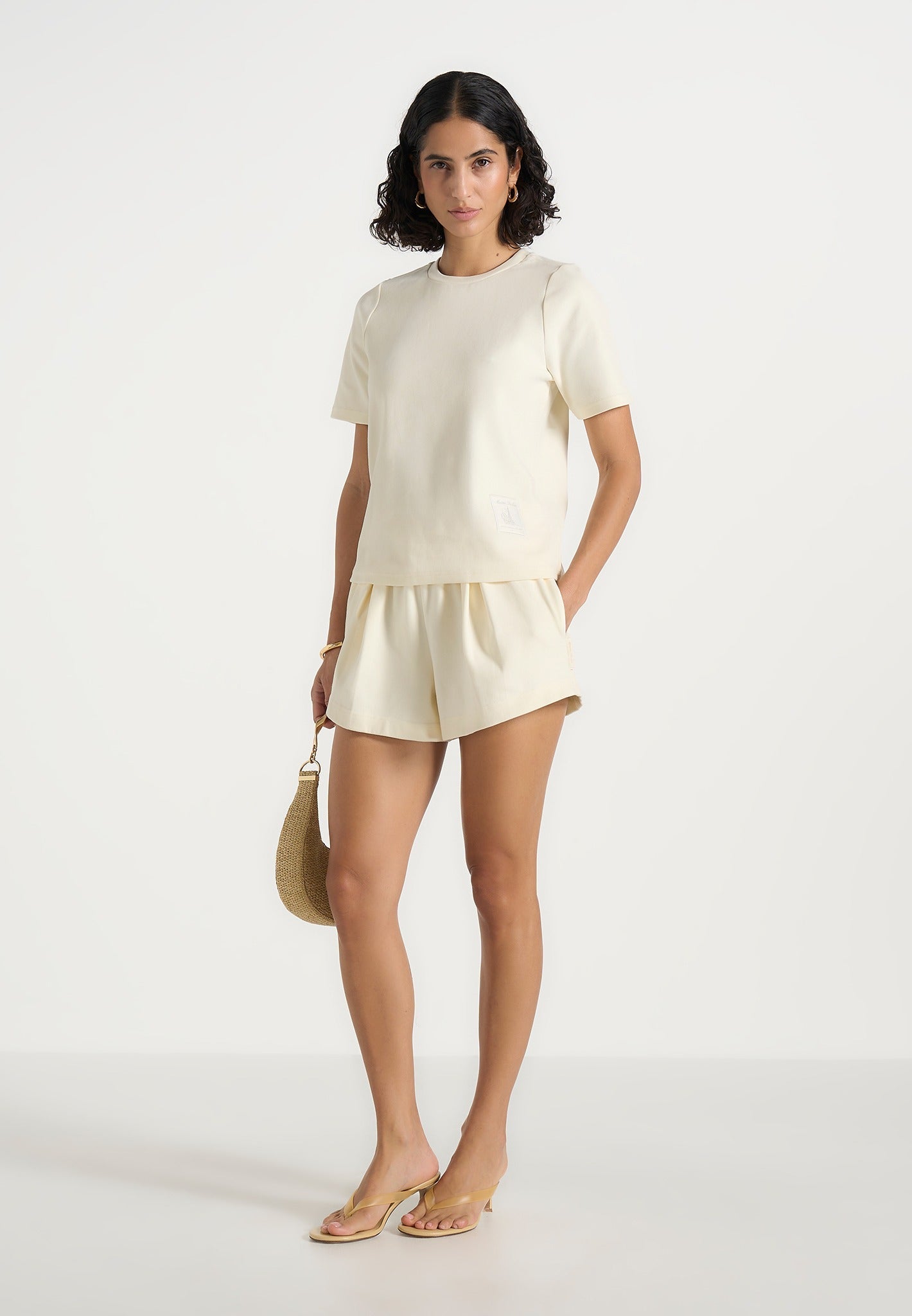 SH002 - Gathered Waist Cotton Shorts - Pale Yellow