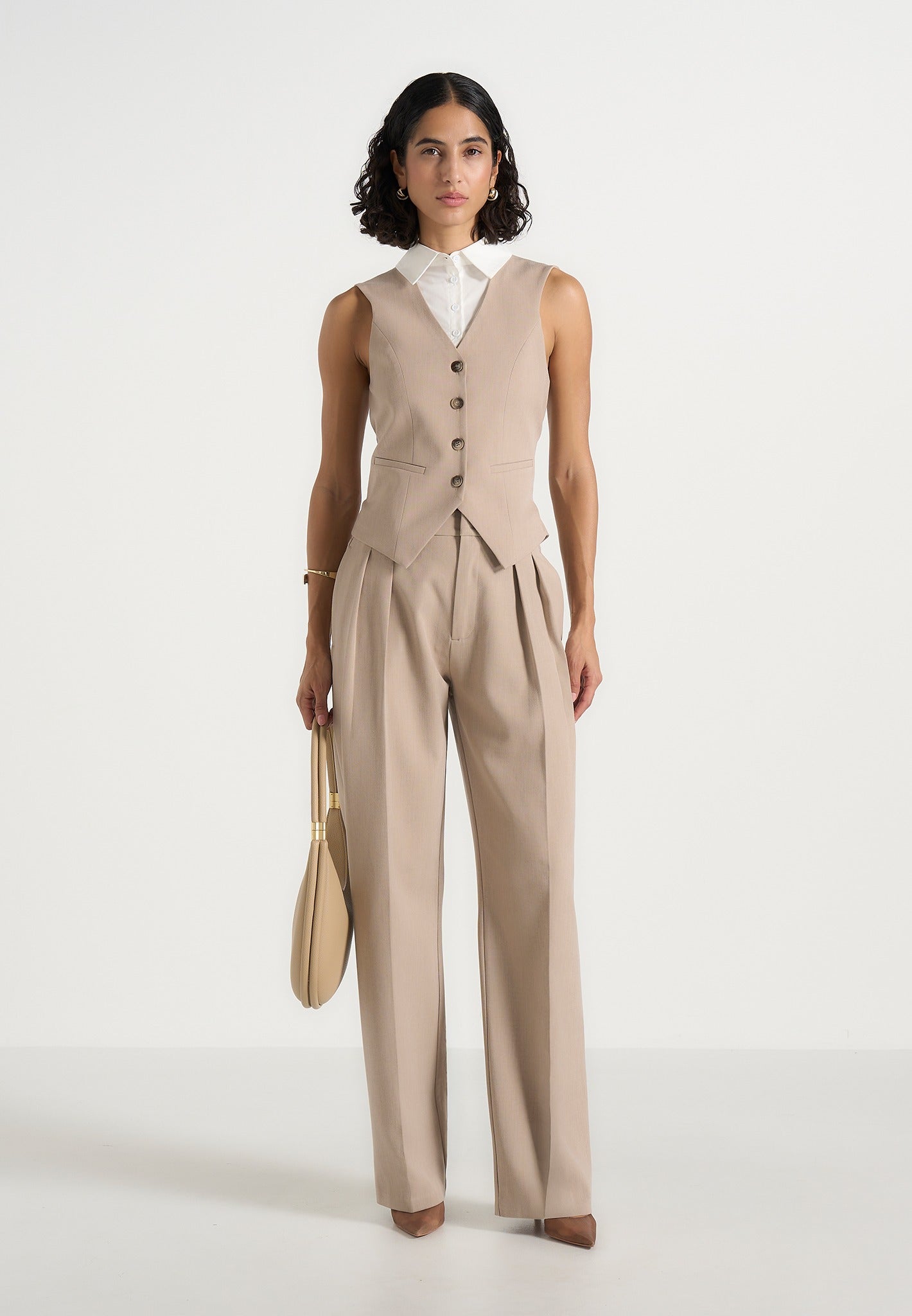 Irene - Collar Detail Cinched Waistcoat - Beige/White 