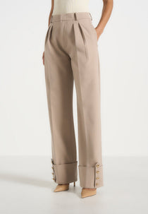 Darlene - Turn Up Detail Tailored Twin Pleat Pants - Beige