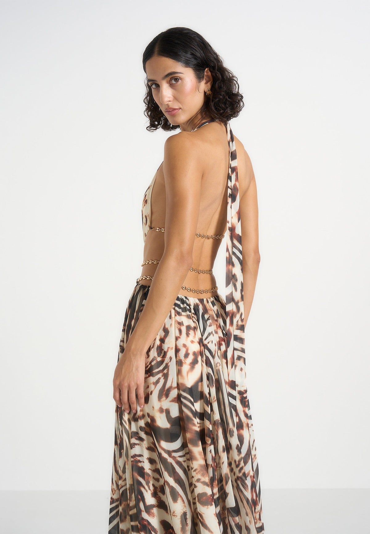 June - Chain Belt Cut-Out Georgette Halter Maxi Dress - Animal