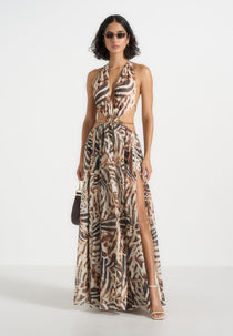 June - Chain Belt Cut-Out Georgette Halter Maxi Dress - Animal
