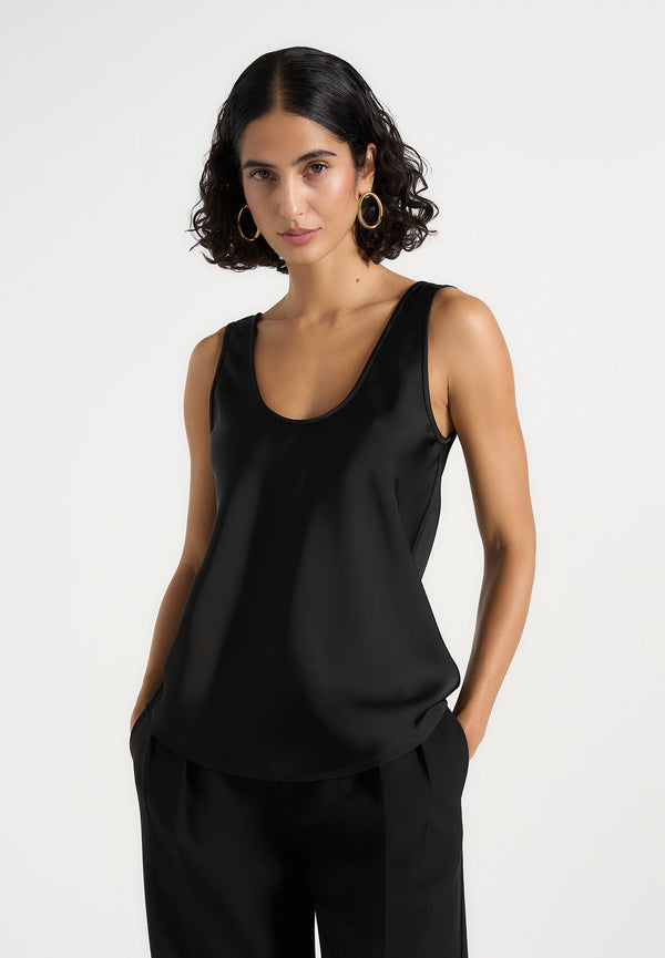 Mathilda - Satin Scoop Neck Open Back Vest - Black