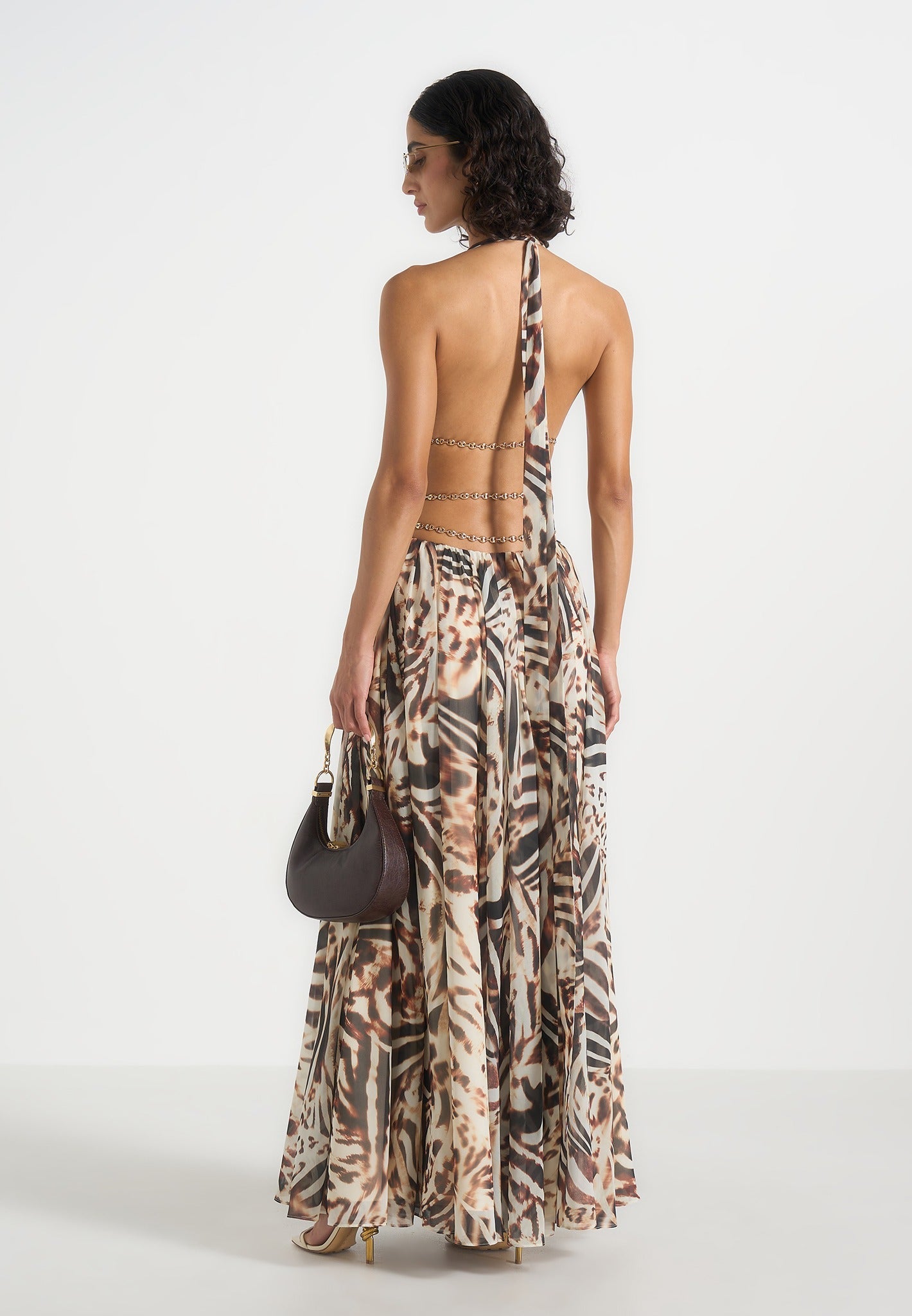 June - Chain Belt Cut-Out Georgette Halter Maxi Dress - Animal
